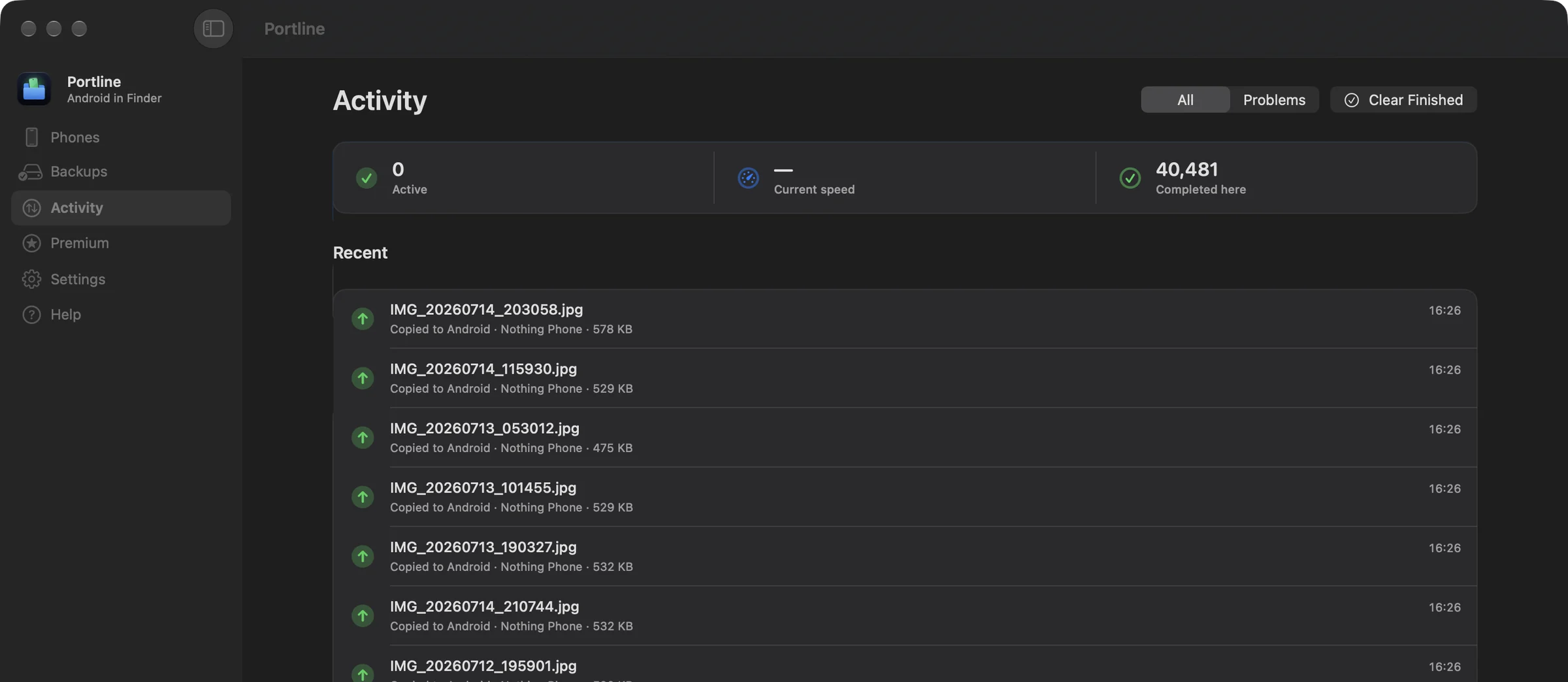 PortLine's Activity page after copying a folder of photos to the phone.