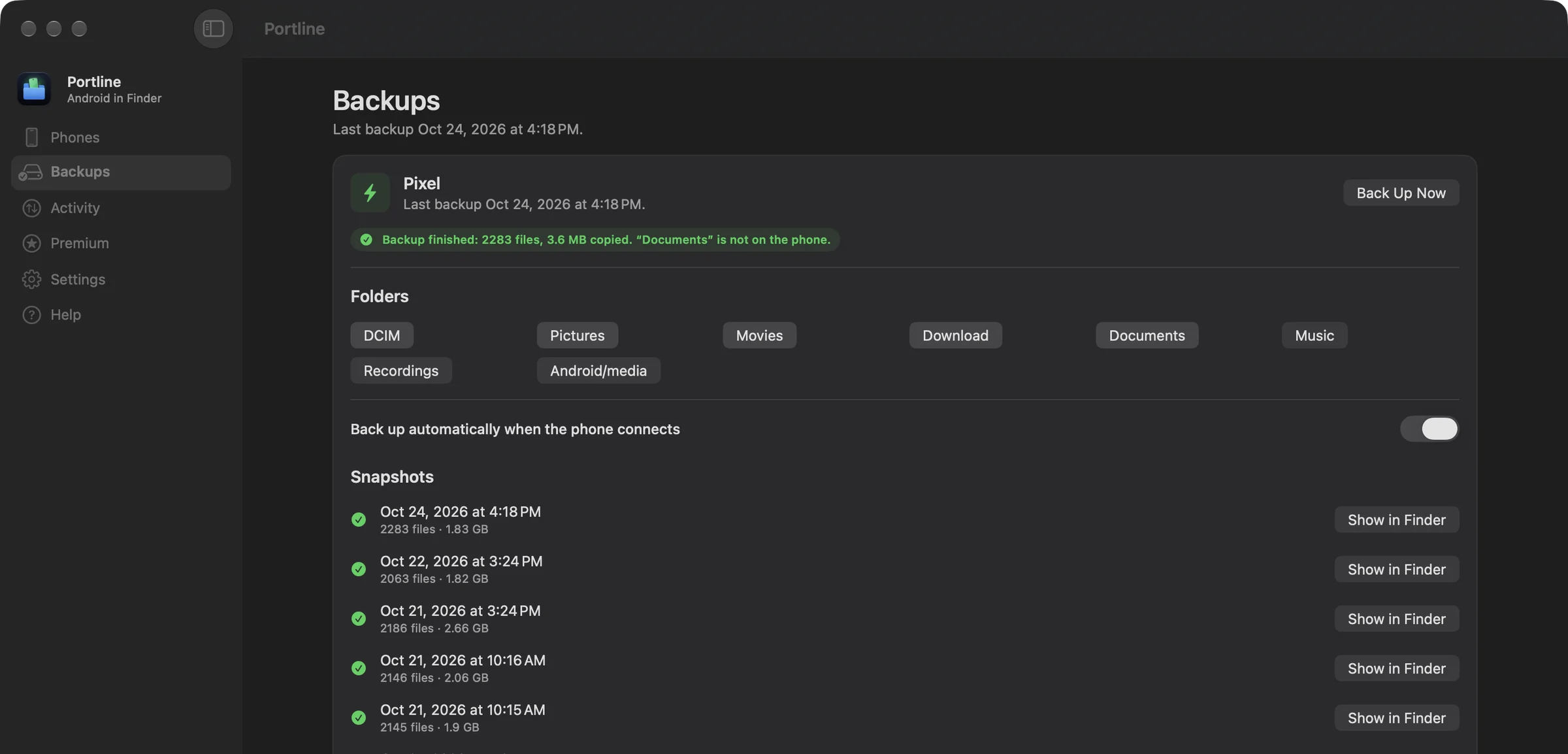 PortLine's Backups page: the folders to keep and the snapshots made.