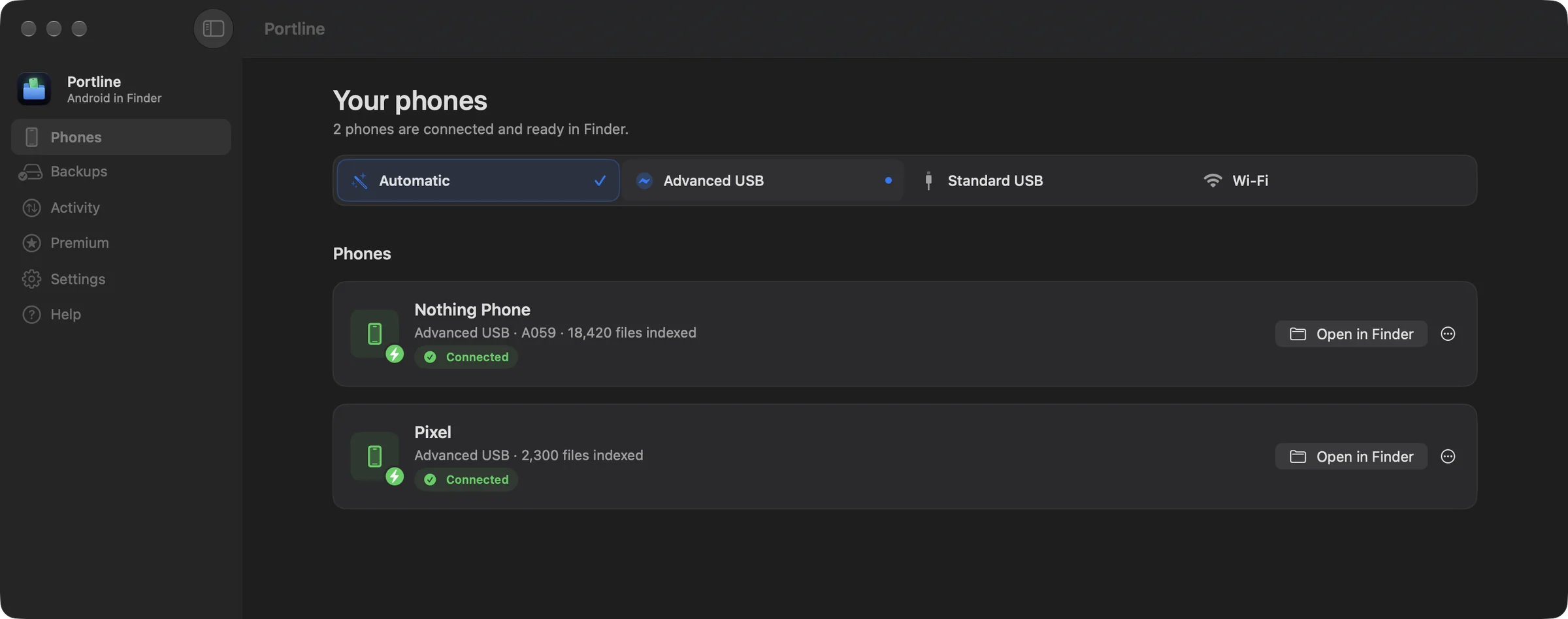 PortLine's Phones page with two phones connected.