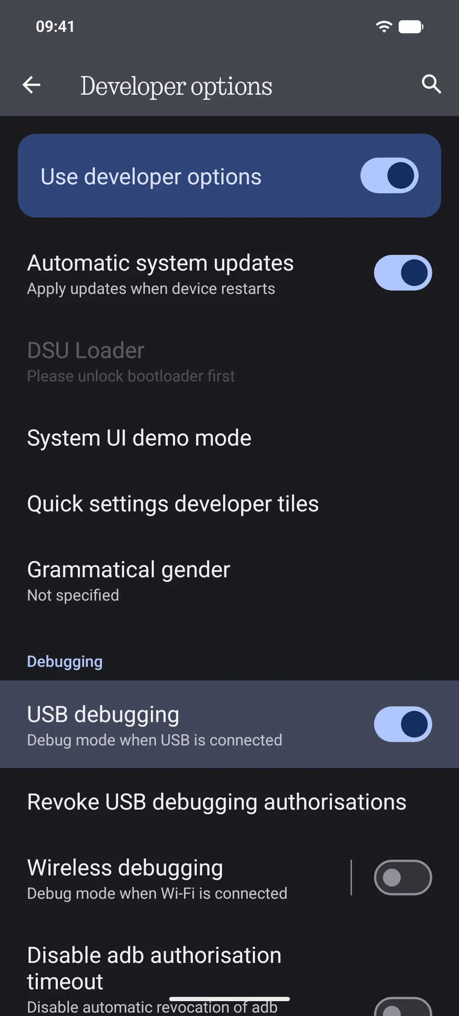Developer options on the phone, with USB debugging switched on.