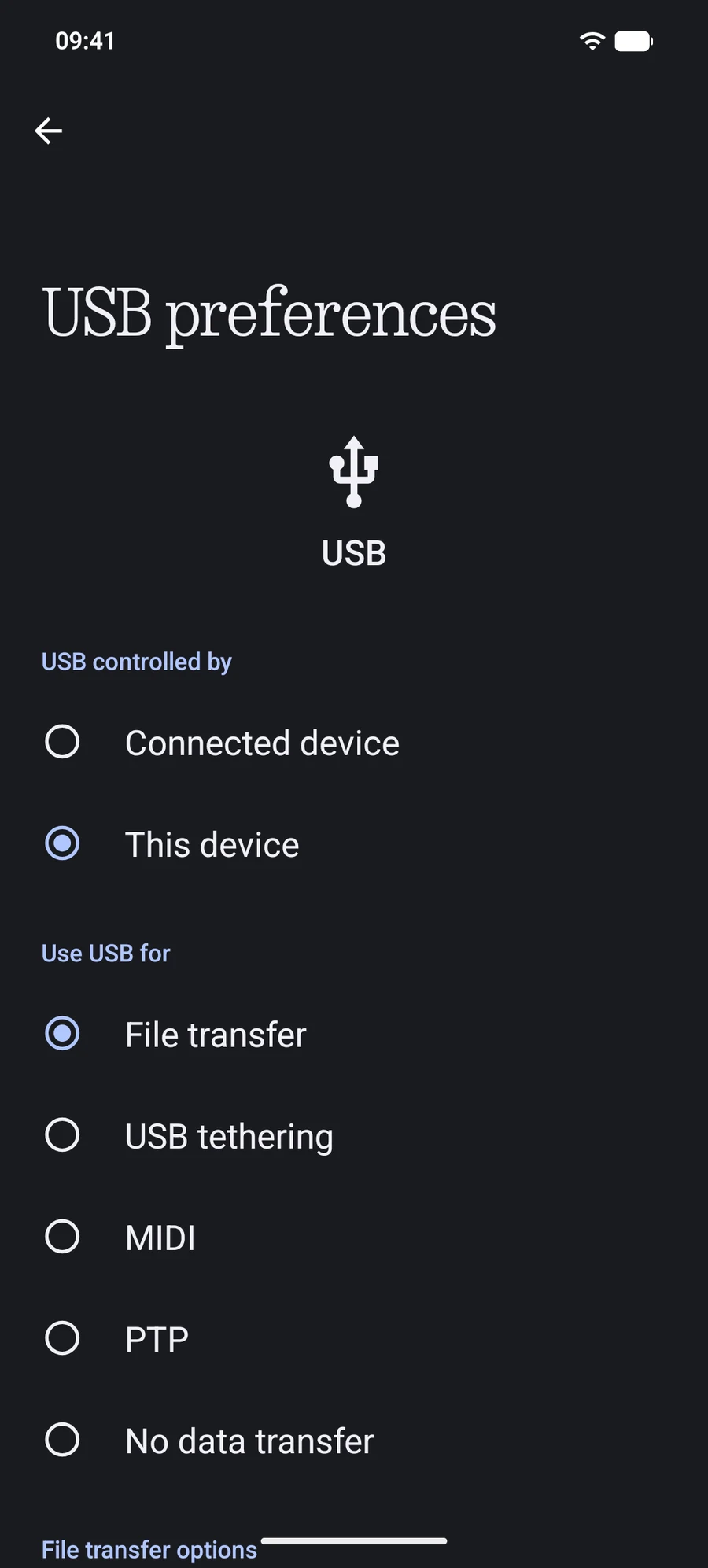 The phone's USB preferences with File transfer selected.